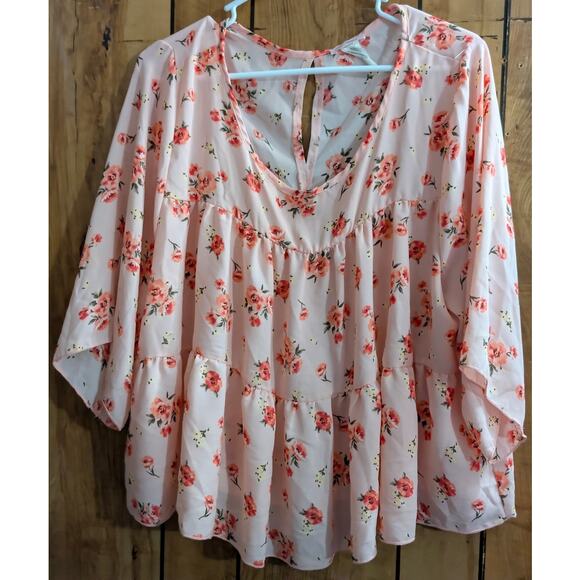 Pink Peony Top Plus Size 2X XX Green Pink Floral Polyester Blouse Shirt Boho - Picture 1 of 3